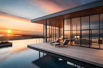 Sunset at Luxury Waterfront Modern Home - obrazy, fototapety, plakaty