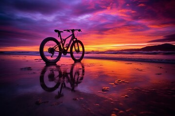 Fototapeta premium Sunset and bicycle. Beautiful illustration picture. Generative AI