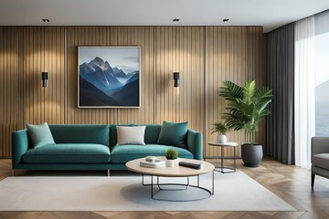 Horizontal picture frame mock up in modern living room interior