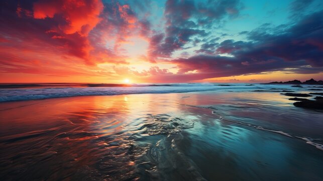 Sunset beach. Beautiful illustration picture. Generative AI