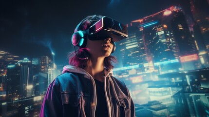 Fototapeta premium Teen is wearing virtual reality glasses. Beautiful illustration picture. Generative AI