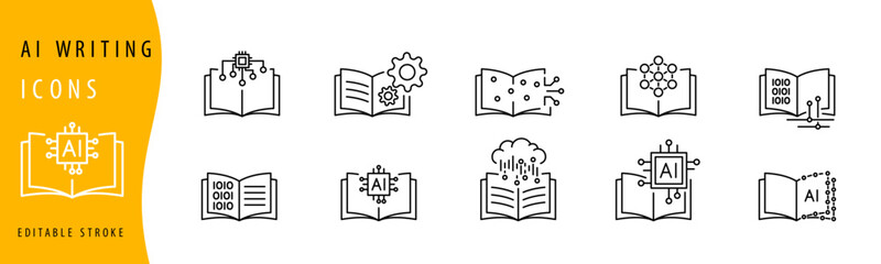 AI text writing icon set in line style, machine learning, digital AI technology illustration