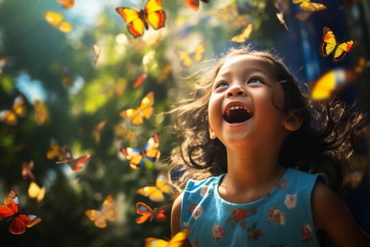 Little chinese girl with butterflies outdoors. Beautiful illustration picture. Generative AI