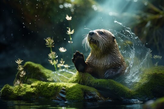 The otter playfully sitting down in a moss covered ground. Beautiful illustration picture. Generative AI