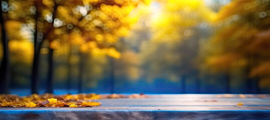 Empty wooden table deck on a blurred autumn trees bokeh background for design, display or montage your products.Generative AI