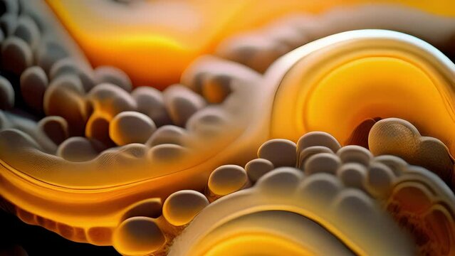 macro microscope video reveals a bacillus in a spiral formation. The curved bacterium has a thick cell wall composed of dark yellowbrown granules that give it a honeycomblike