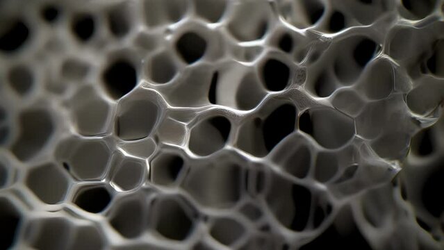 In macro microscope video one can observe an organized and intricate cellular wall structure composed of cylindrical protein struts in the center of the wall surrounded