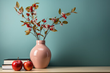 A minimalist, clean, and decorative still life image with bottles and vase. Generative AI