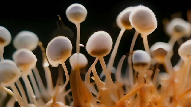 microscopic fungi is composed of a long slender stalk and a round bulbous head. Its entire surface is covered with millions of tiny spores which can be easily