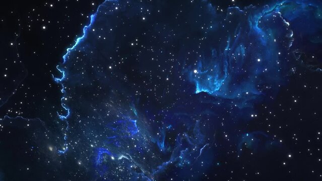 Space travel flight across blue constellations and nebulae. Fantastic flight through the stars, slow motion through galaxies. 4k footage