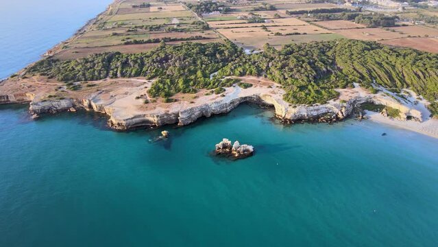 Aerial view of two sisters, Le due sorelle, at the beach in Apulia, South Italy 
