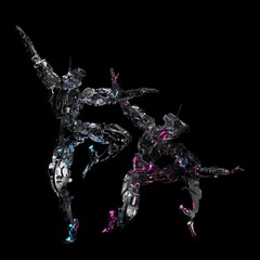 robot, android frozen in a beautiful dance pose, cyclic animation, beautiful background for music, 3d render, black background