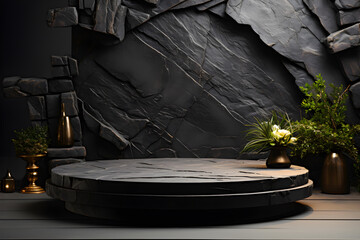 Futuristic dark room with stone floor, 3d render. AI Generative Illustration. Podium for product shoot.