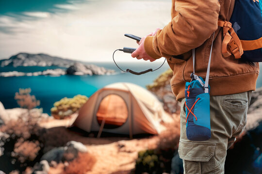 Tourist charges a smartphone with a power bank against the background of the sea with a tent. Concept on the theme of tourism and travel.