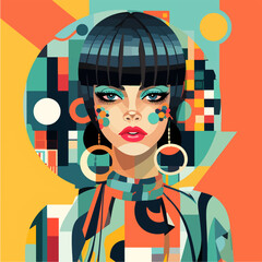 Retro fashion colorful girl portrait on geometric composition background