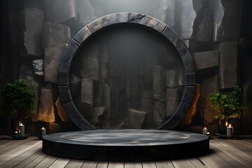 Black marble podium on a dark background. 3d rendering mock up AI Generative Illustration. Podium for product shoot.