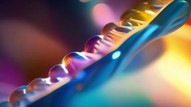 A macro microscope video of a DNA molecule showing the intricate spiralling structure of two strands entwined together resembling a ladder. The bright colors of the microscope video help