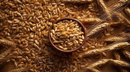 wheat grain on a bowl top of wheat full background