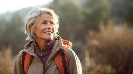 an attractive senior woman hiking with a backpack