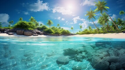 Fototapeta premium A secluded tropical beach where ivory sands meet crystal-clear waters, space on the opposite side for text, perfect for snorkeling amidst vibrant coral gardens. AI generated.
