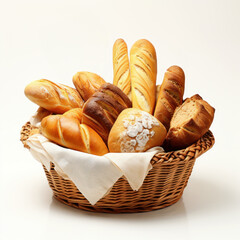 bread in basket with clean background. bread in wicker basket on background. - obrazy, fototapety, plakaty