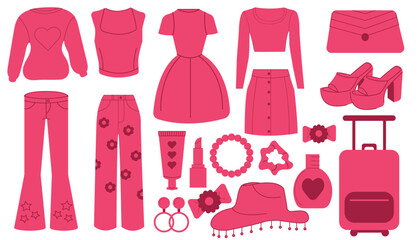 Trendy barbiecore set, pink aesthetic accessories and clothing