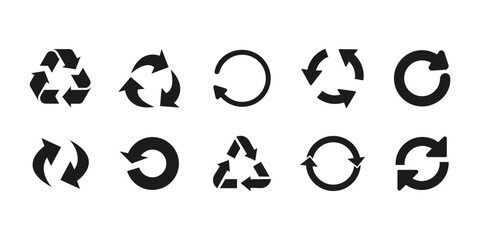 set recycle sign icon solid black siolated on white background.