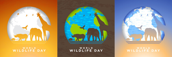 World Wildlife Day Greeting Card Posters Set, Animal silhouettes on background of Earth. Vector Illustration. 

