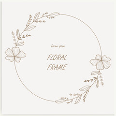 Hand-drawn floral frames with flowers, branches, and leaves. Wreath. Elegant logo template. Vector illustration for labels, branding business identity, and wedding invitations.
