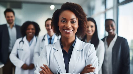 Poster Portrait of smiling african american doctor with colleagues in background at hospital. Ai render. © writerfantast