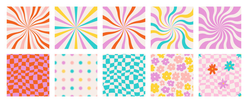 Groovy sunrise, daisy, checkered backgrounds. Hippie 60s 70s posters. Floral cool backgrounds in trendy cute retro style. Bright colors. Greeting card, sticker, cover, t-shirt print, party invitation.