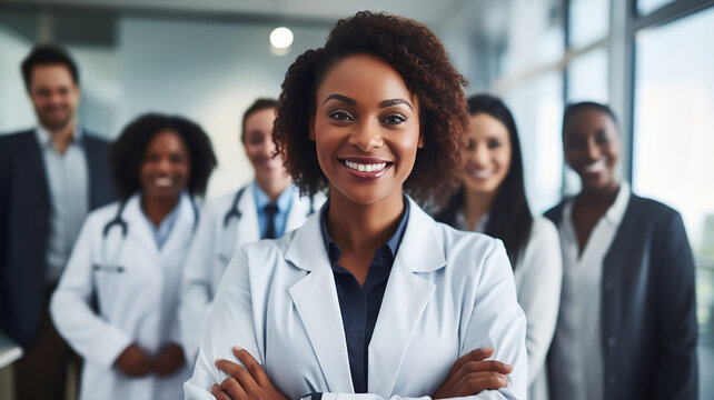 Portrait of smiling african american doctor with colleagues in background at hospital. Ai render.