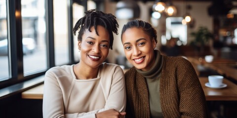Obraz premium Two women are sitting indoors by the table. Beautiful illustration picture. Generative AI