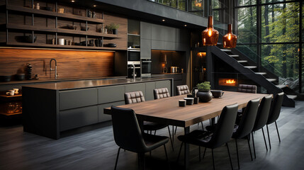 Beautiful kitchen and dinning area inside a luxury house. Generative AI - obrazy, fototapety, plakaty