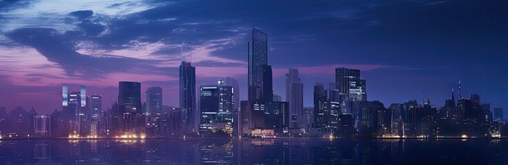 Fototapeta na wymiar City elegance. Captivating urban skyscrapers paint evening skyline for background. Enchanting cityscapes. Exploring splendor amid. Modern marvels. Night journey
