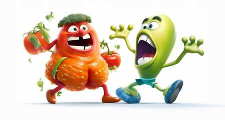 Crazy fighting vegetables. Childrens advertising or teacher materials. Lesson planning, health education. Dramatic, funny, isolated white background, knockout. 3d characters. Childrens party invite.