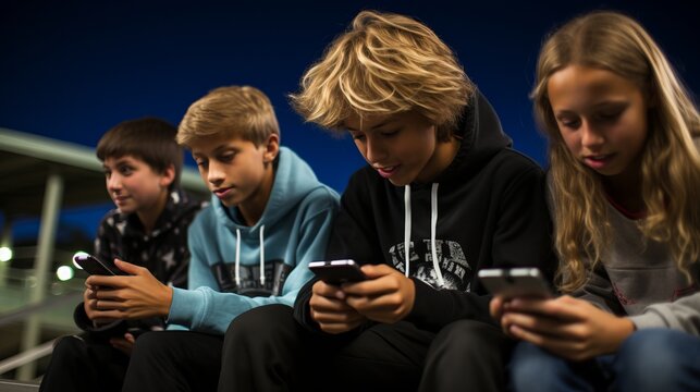 Young people are sitting and using smartphones. Beautiful illustration picture. Generative AI