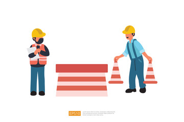 worker Character installs fencing warning cones on road construction. Vector Illustration of Construction Worker