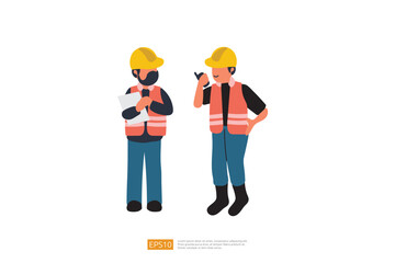 Construction Worker Character Checking Plan and Looking at Construction Site. Vector Illustration of Construction Worker
