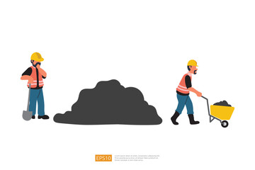 Construction Builder Character with Shovel and Wheelbarrow Carrying Coal or Asphalt. Road Work Vector Illustration of Construction Worker