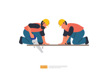 Construction Builder Character saws a board with a hand saw. Vector Illustration of Construction Worker
