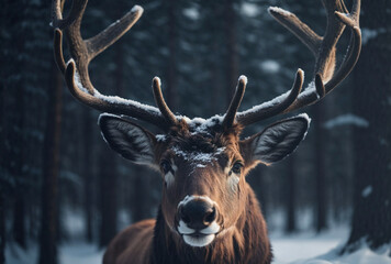 A deer with antlers is standing in the snow