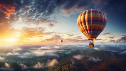 Whimsical hot air balloon, majestic landscape. Beautiful illustration picture. Generative AI