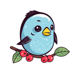 Adorable blue baby bird on a branch with berries. Colorful illustration of a cute little animal character feeling sad