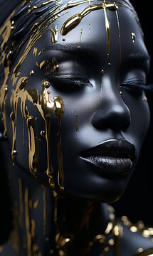 Wundersch&ouml;nes Model Frau Gesicht in schwarz mit sch&ouml;nen goldenen applikationen als Makeup Poster Nahaufnahme, ai genarativ