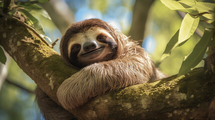 Tranquil Slumber: Sleepy Sloth Resting on Tree Branch