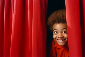 Young African American boy excited, peeking through red stage curtains, awaiting his moment in the school theatre play. Copy Space. - obrazy, fototapety, plakaty