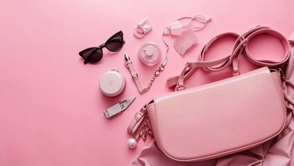 Obraz na płótnie Canvas Girls pink essentials for barbie theme party including pink bag,brasclets,ribbon,roses,glasses