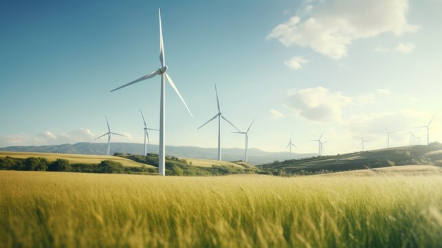 Wind turbines gently spinning on the background. Beautiful illustration picture. Generative AI