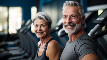 Two mature people in the gym, smiling. Beautiful illustration picture. Generative AI